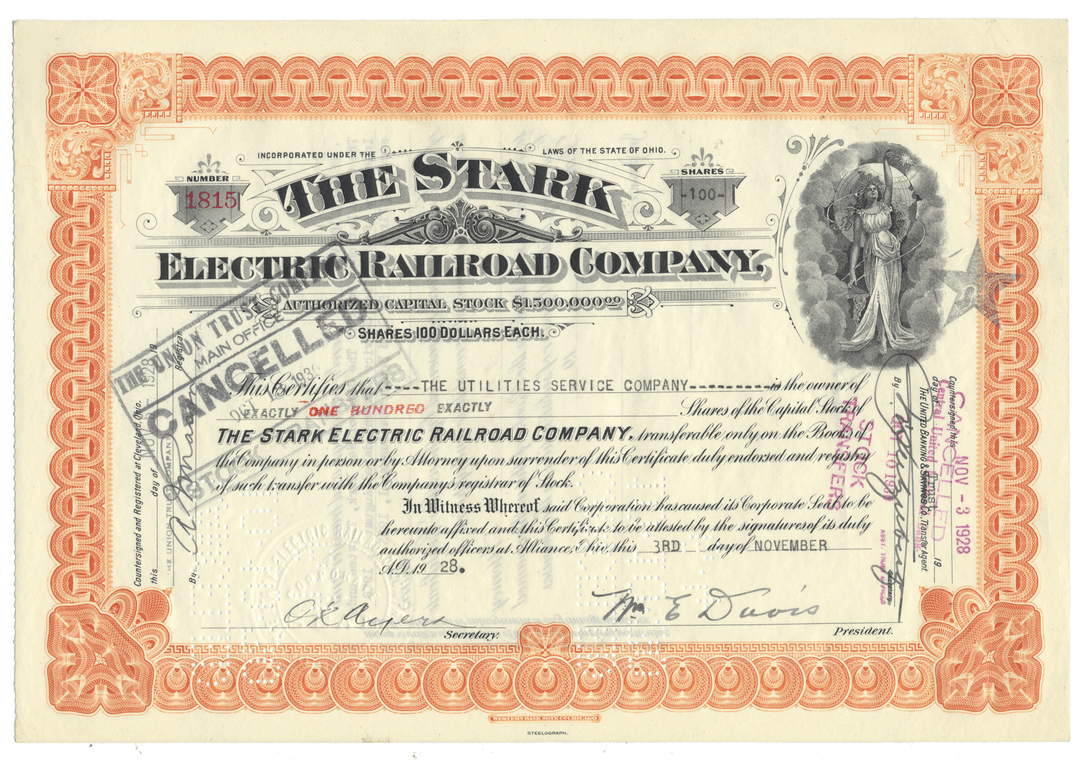 Vintage stock certificate for The Stark Electric Railroad Company from 1928