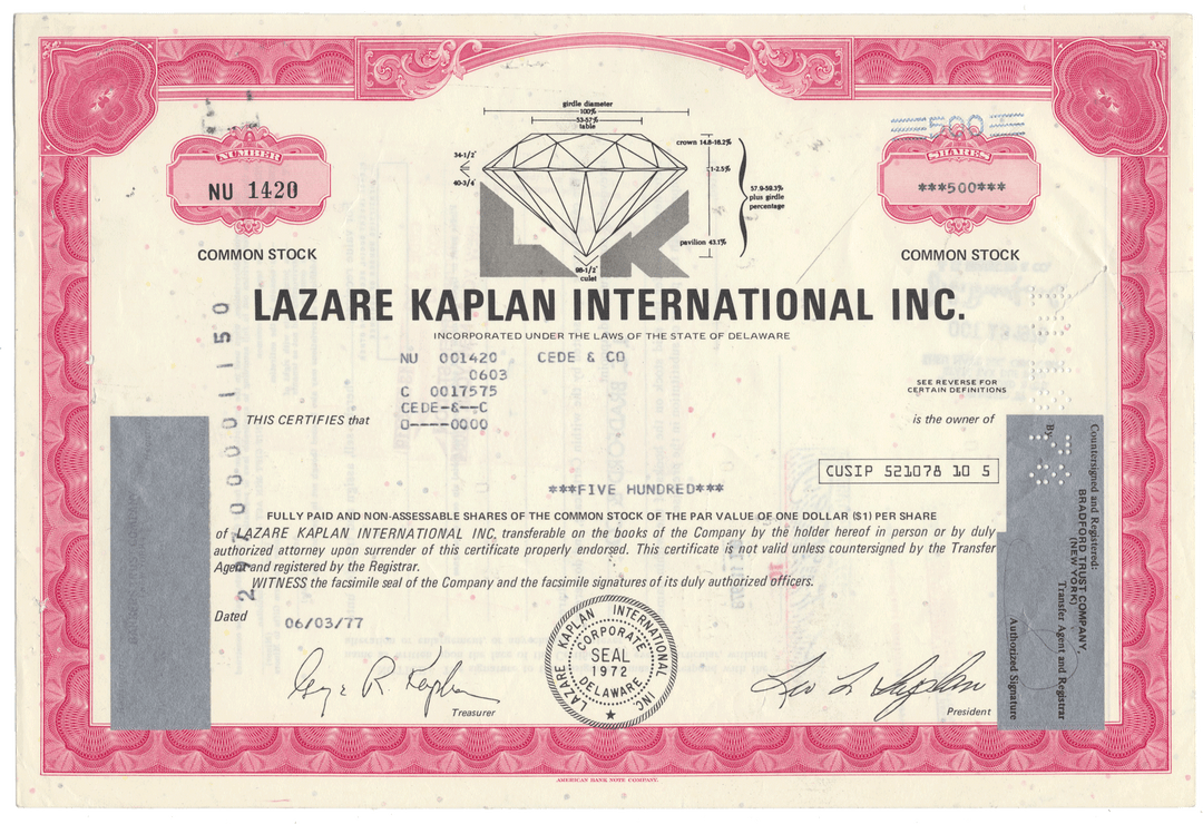 Lazare Kaplan International Inc. stock certificate