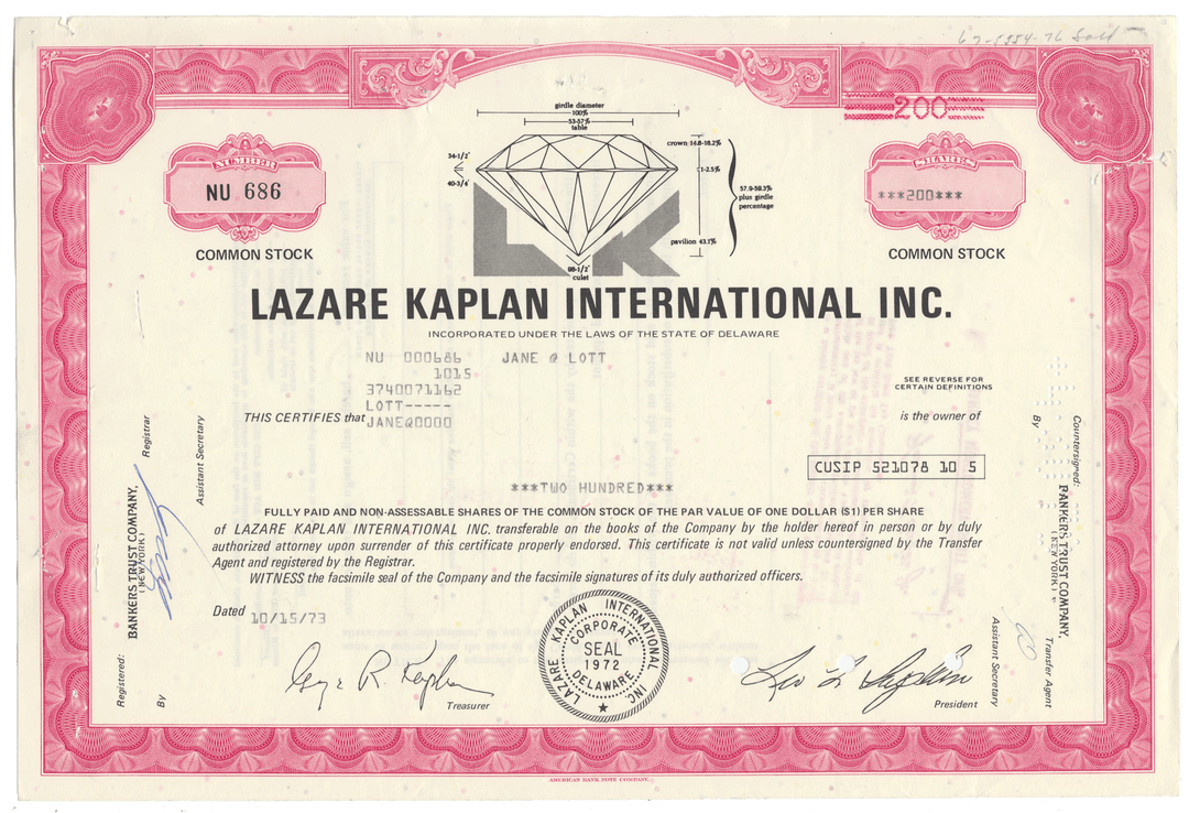 Lazare Kaplan International Inc. Stock Certificate