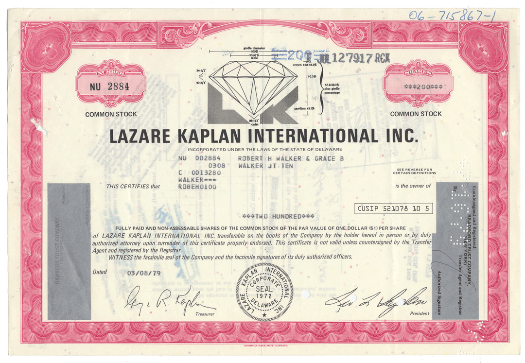 Lazare Kaplan International Inc. stock certificate with diamond logo.