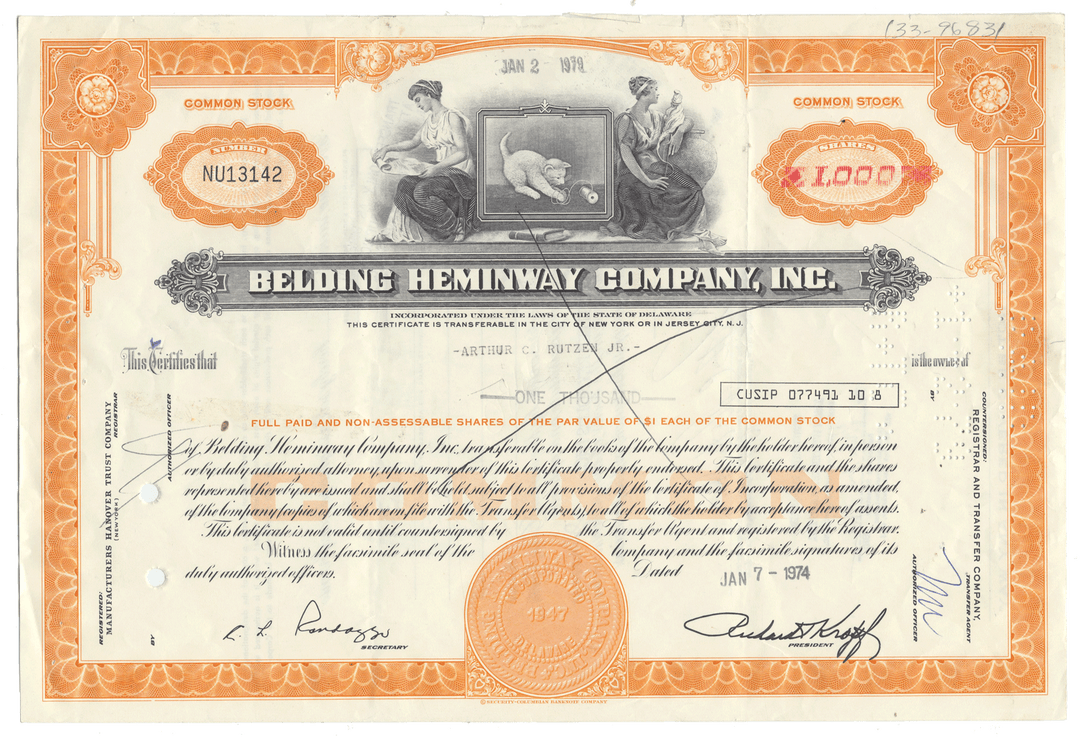 Vintage stock certificate of Belding Heminway Company, Inc. with decorative elements and text from 1974