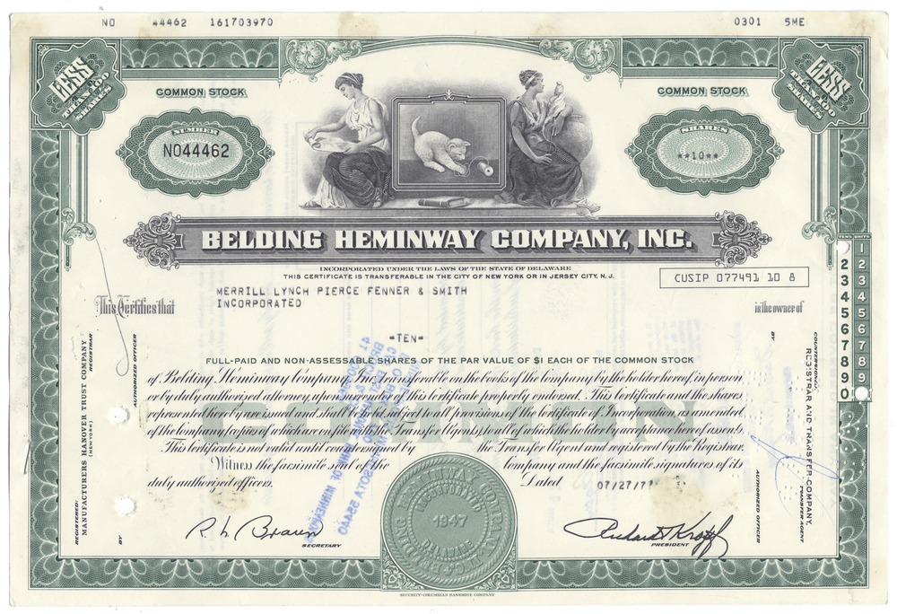 Vintage stock certificate of Belding Heminway Company, Inc. with decorative elements and text.