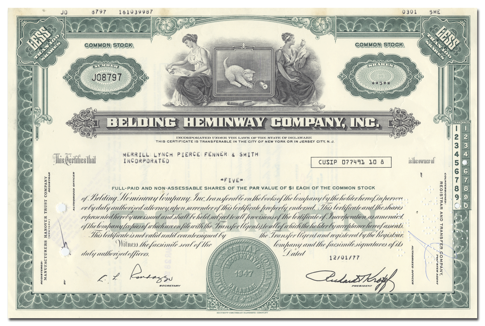 Vintage stock certificate of Belding Hemingway Company, Inc. from 1977