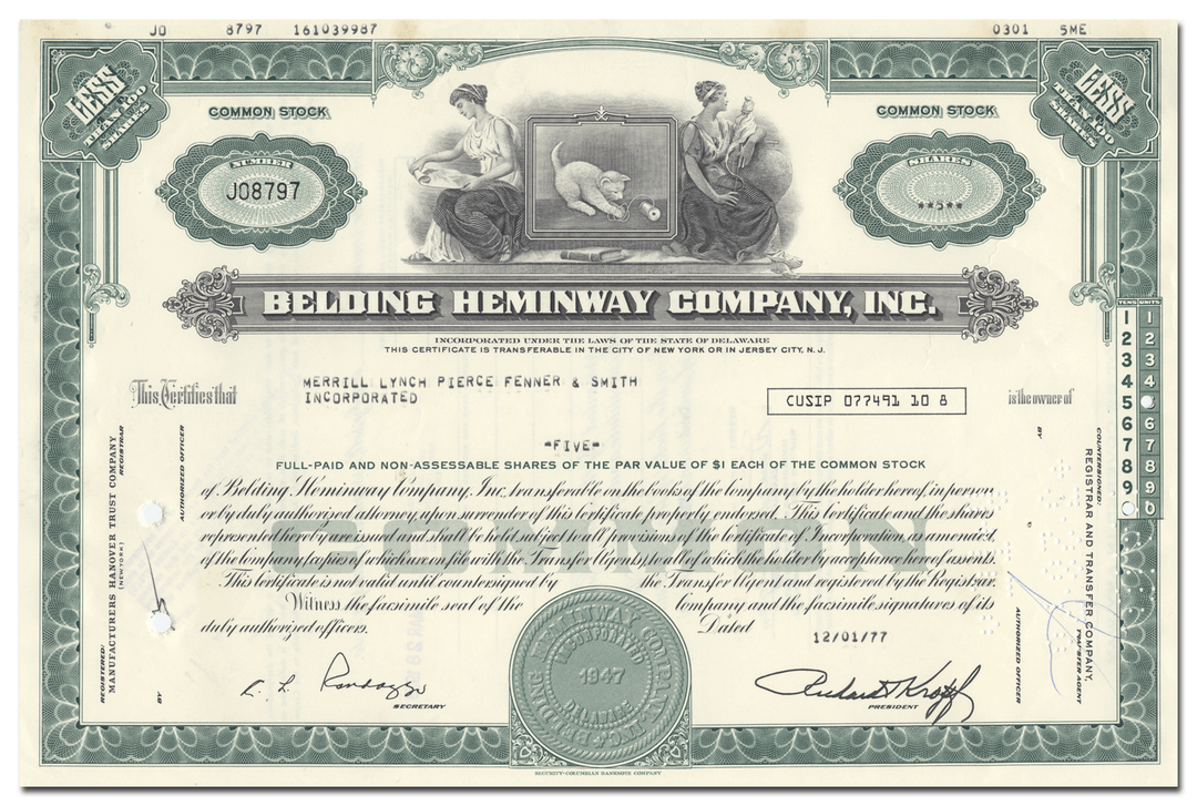 Vintage stock certificate of Belding Hemingway Company, Inc. from 1977