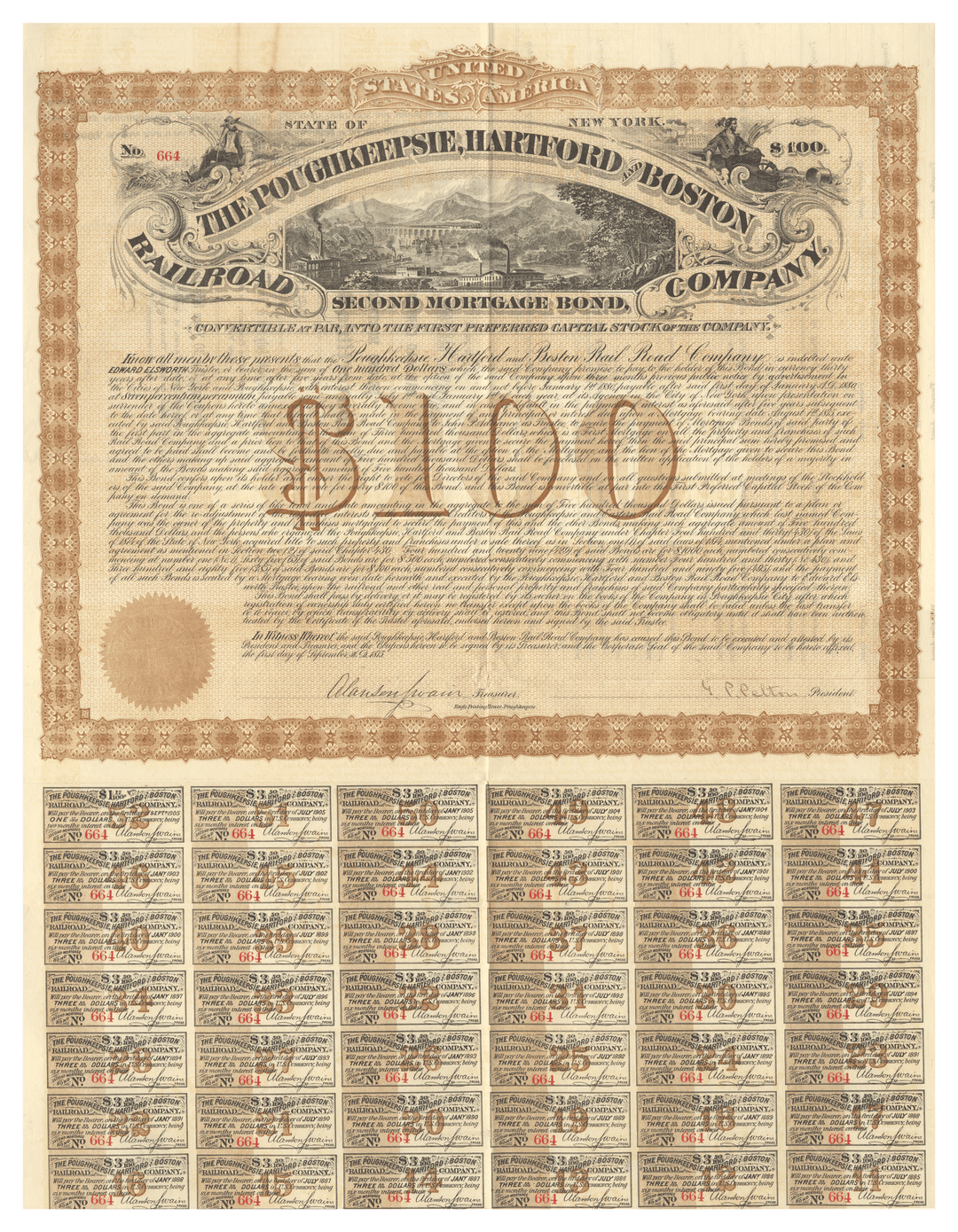 Poughkeepsie, Hartford & Boston Railroad Company Bond Certificate