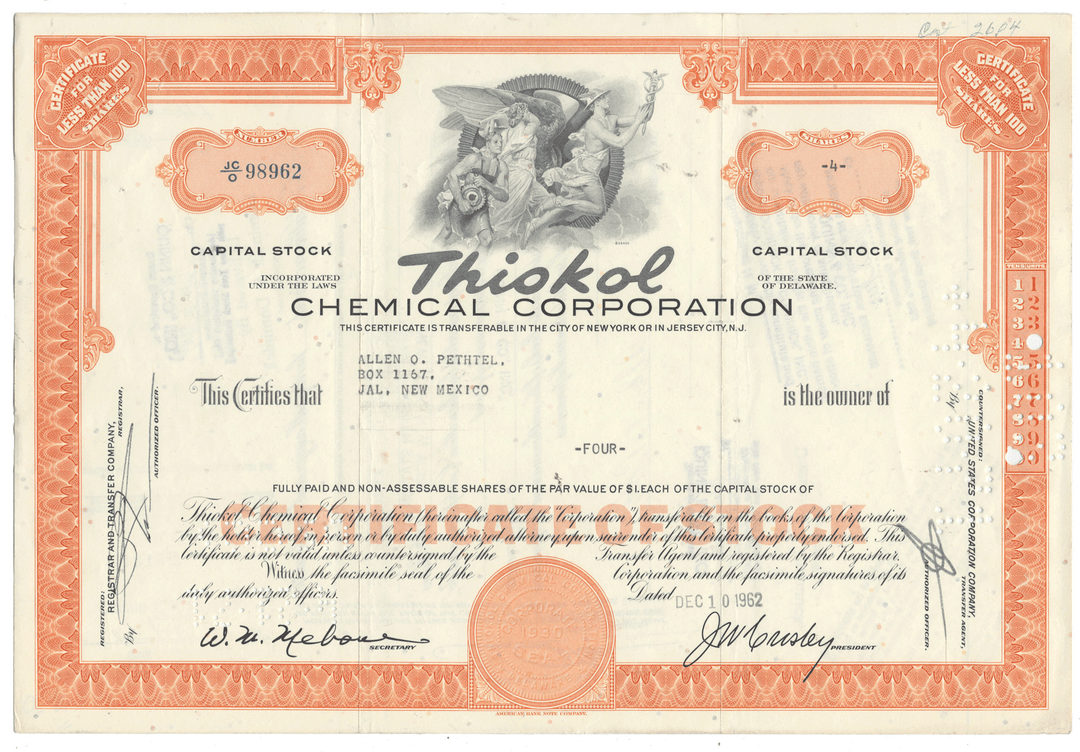 Thickol Chemical Corporation stock certificate with decorative elements and text.
