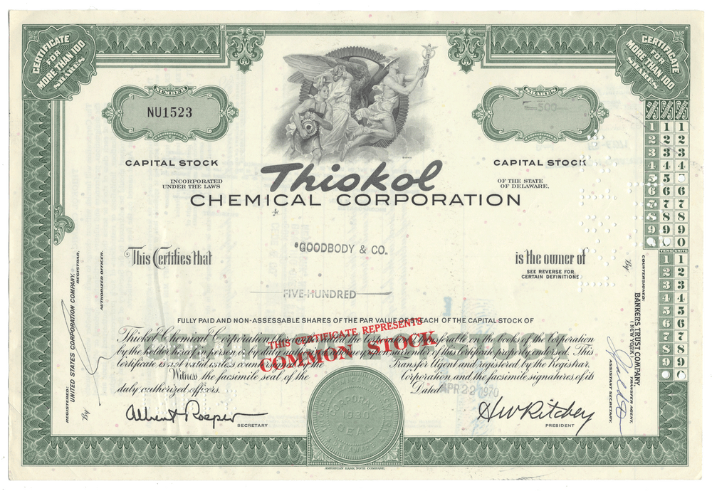Thiokol Chemical Corporation Stock Certificate
