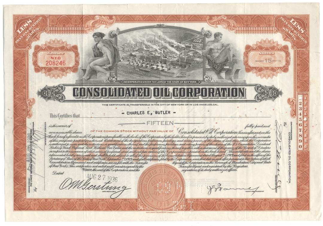 Consolidated Oil Corporation stock certificate with decorative elements and text.