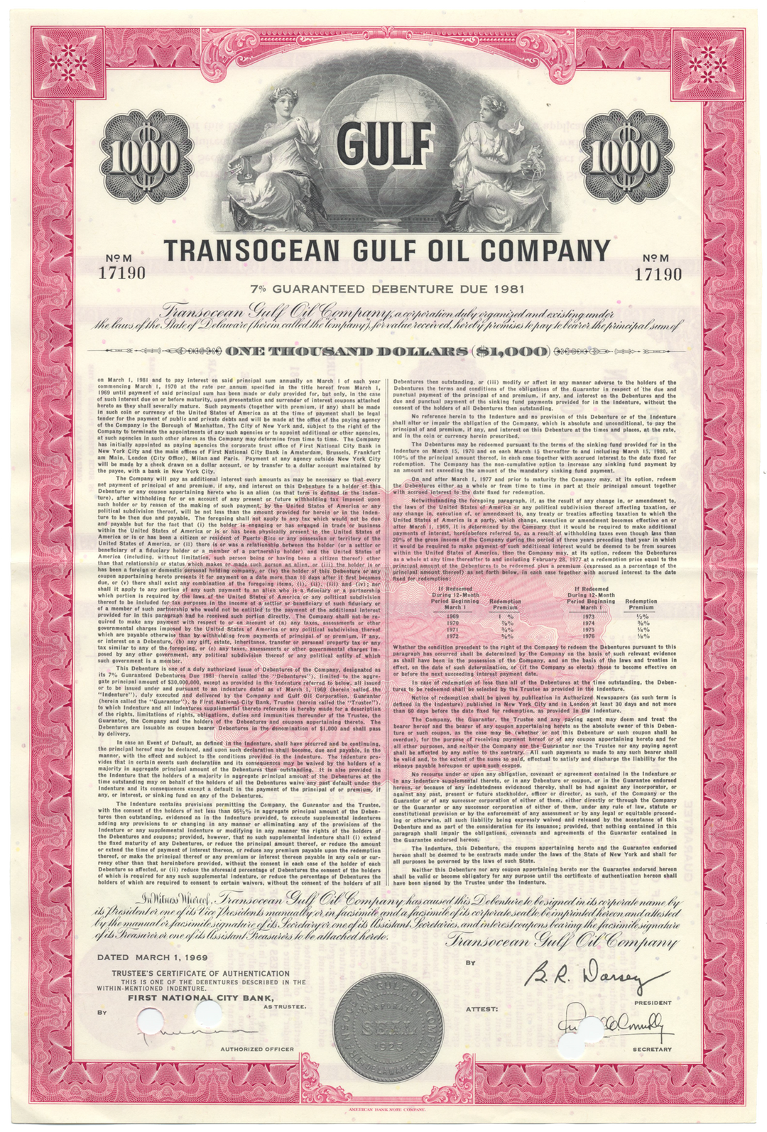 Transocean Gulf Oil Company Bond Certificate