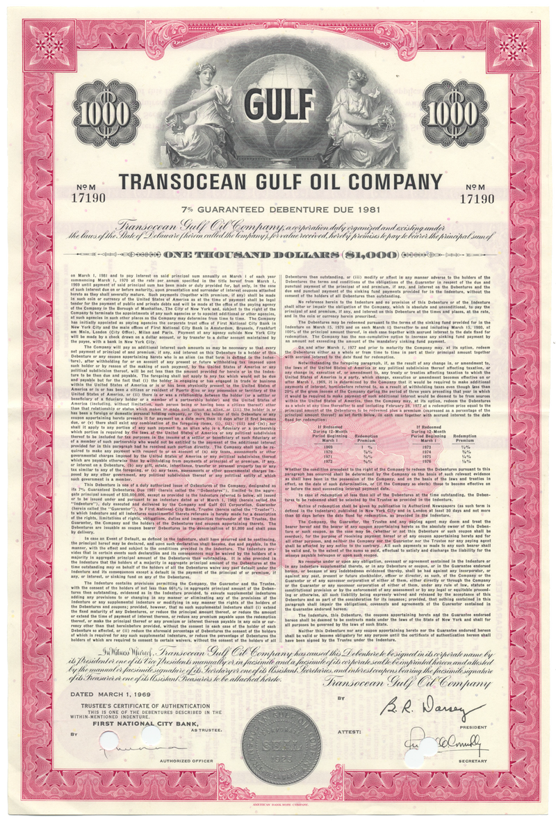 Transocean Gulf Oil Company Bond Certificate