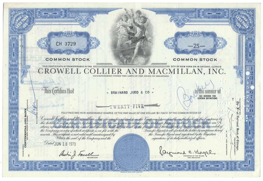 Vintage stock certificate for Crowell Collier and Macmillan, Inc. with blue and white design.