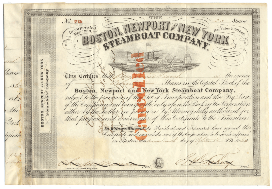 Historical stock certificate for the Boston, Newport and New York Steamboat Company with decorative elements.