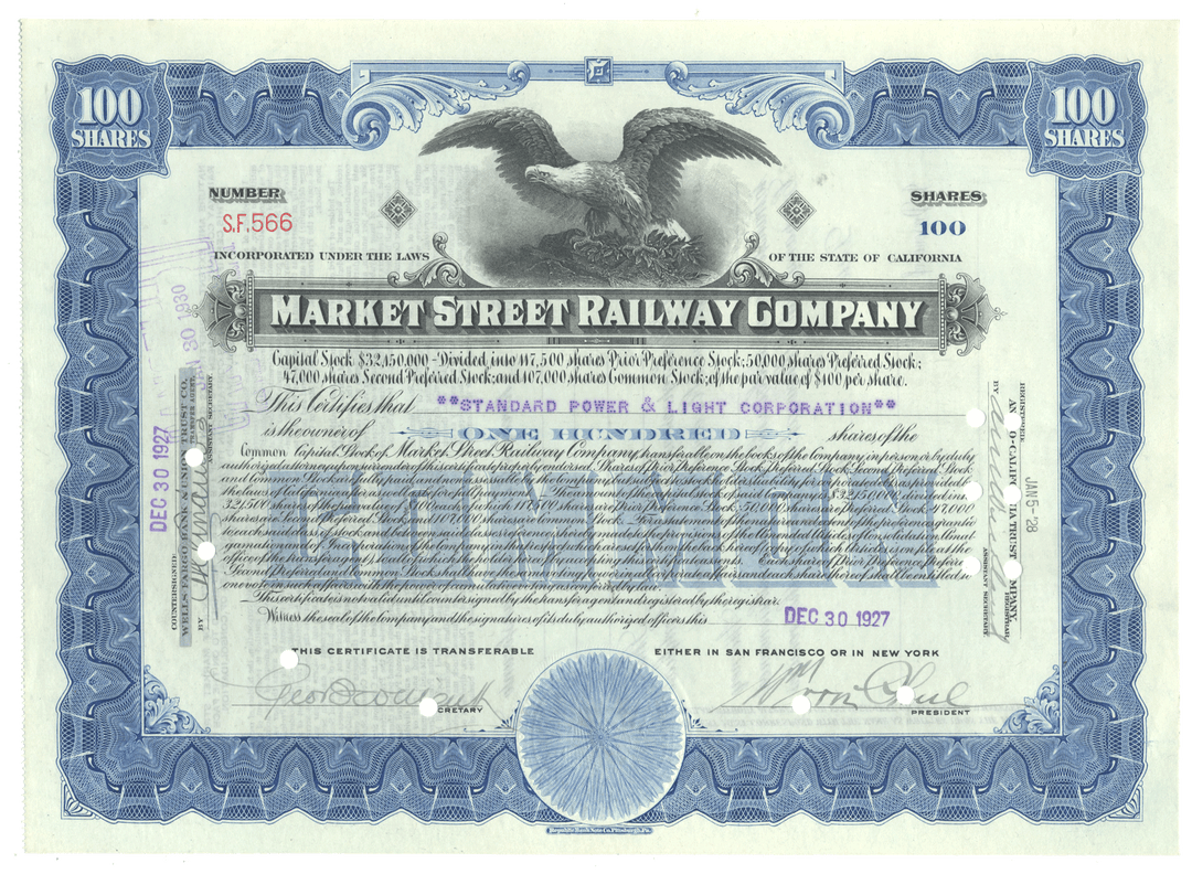 Market Street Railway Company stock certificate with an eagle emblem