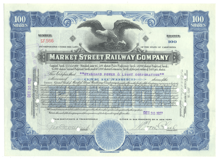 Market Street Railway Company stock certificate with an eagle emblem