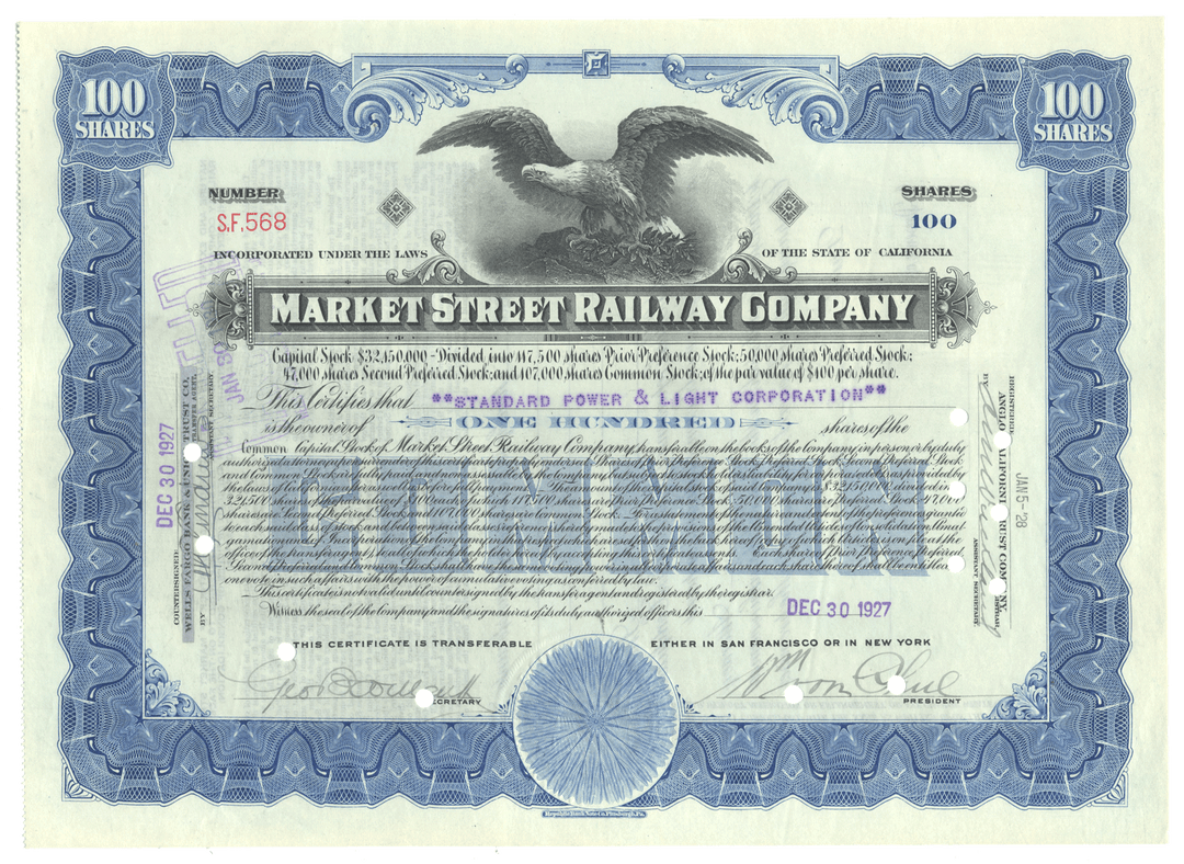 Market Street Railway Company stock certificate with an eagle emblem