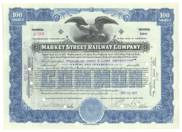Market Street Railway Company stock certificate with an eagle emblem