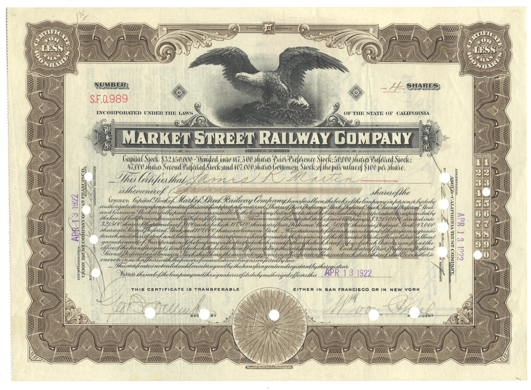 Vintage stock certificate of the Market Street Railway Company with an eagle emblem.