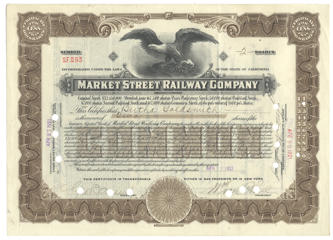 Market Street Railway Company stock certificate from 1921