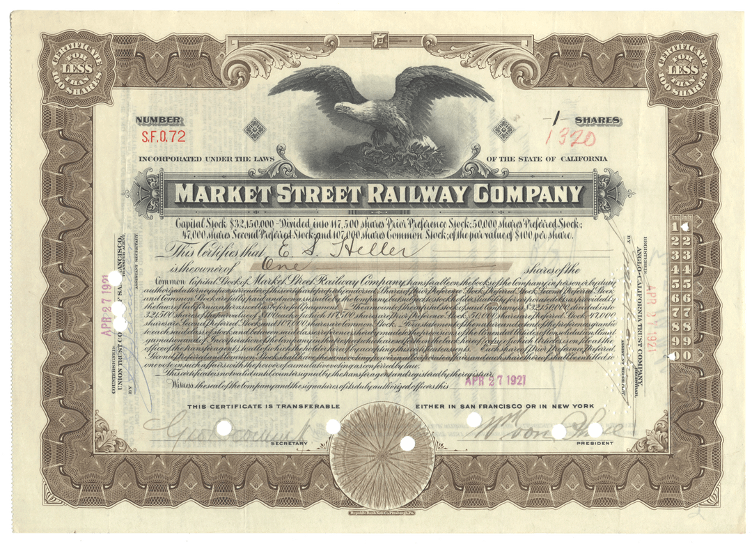Vintage stock certificate of the Market Street Railway Company with an eagle emblem.