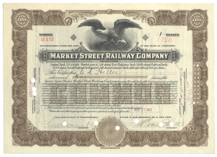 Vintage stock certificate of the Market Street Railway Company with an eagle emblem.