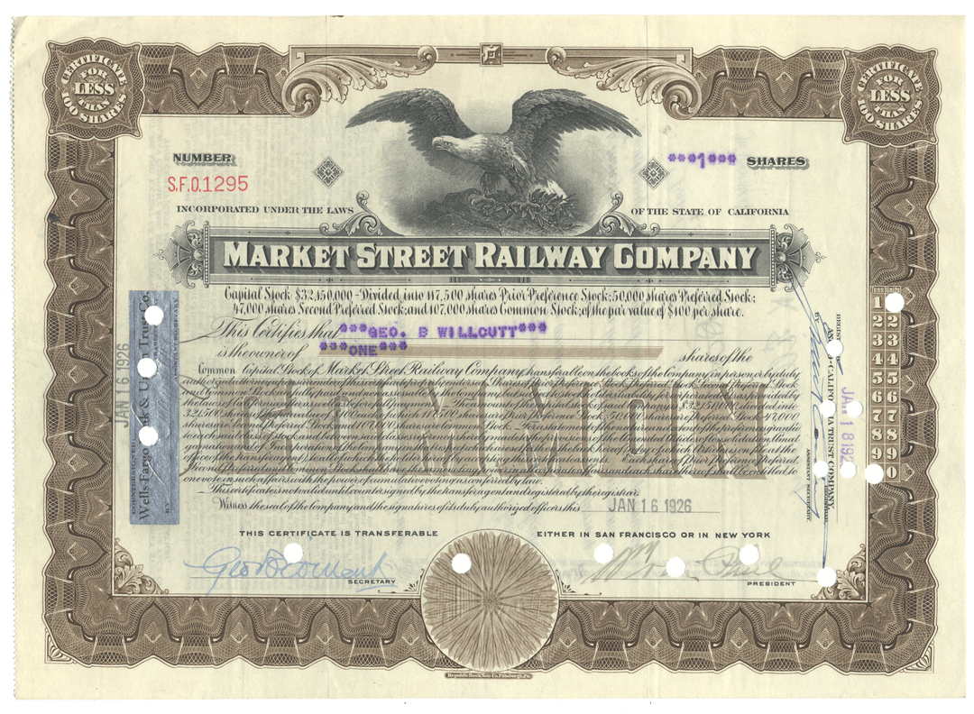 Vintage stock certificate of the Market Street Railway Company with an eagle emblem.