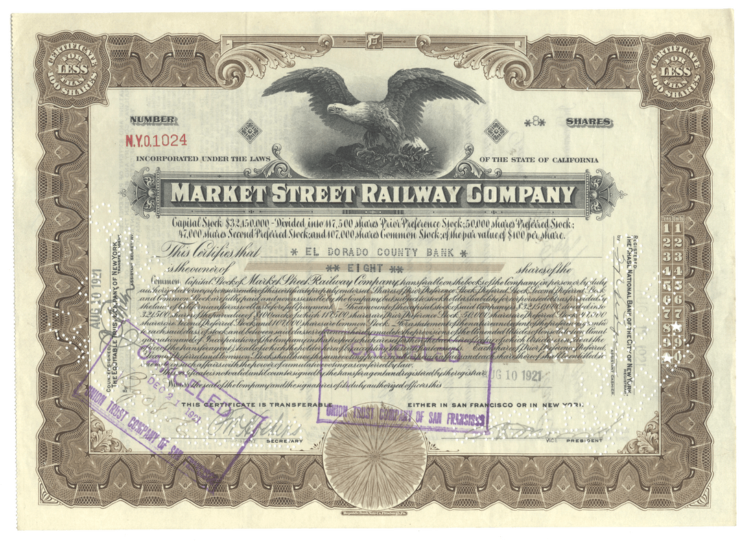 Vintage stock certificate of the Market Street Railway Company with an eagle emblem.
