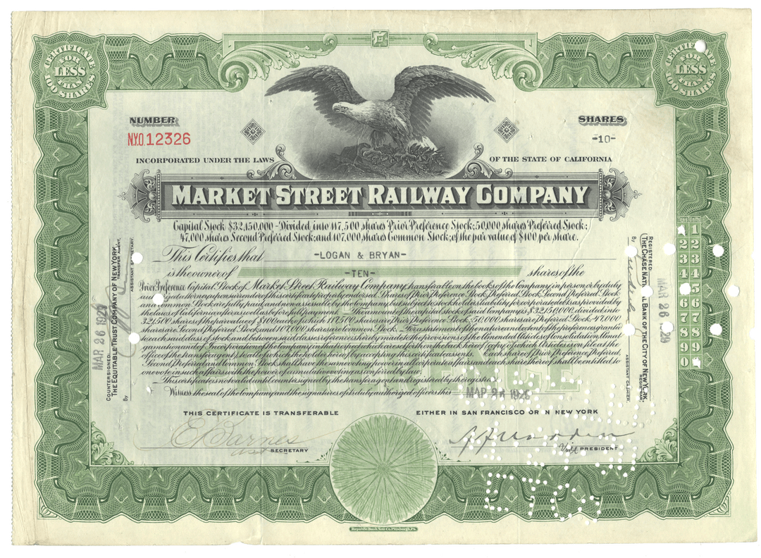 Vintage stock certificate of the Market Street Railway Company with an eagle emblem.