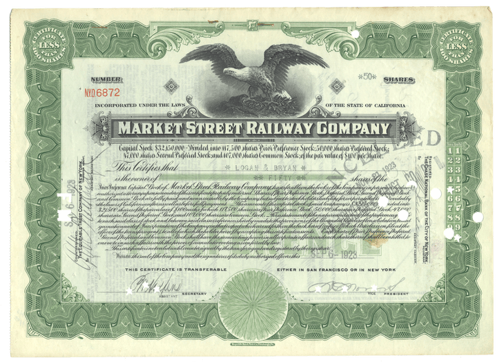 Vintage stock certificate of the Market Street Railway Company with an eagle emblem.