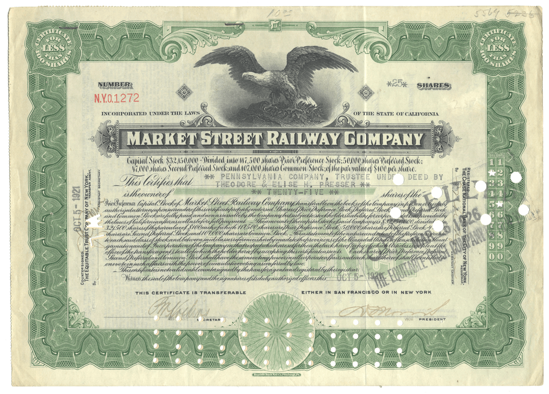 Vintage stock certificate of the Market Street Railway Company from 1921