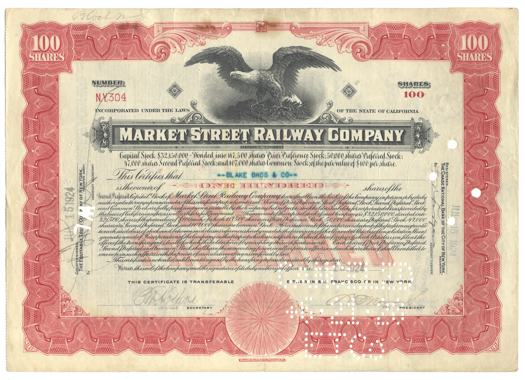 Vintage stock certificate for Market Street Railway Company with an eagle emblem.