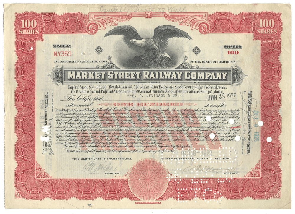 Vintage stock certificate of the Market Street Railway Company with an eagle emblem.
