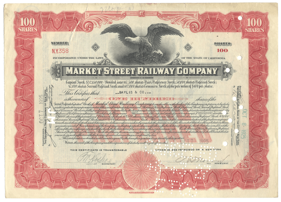 Vintage stock certificate for Market Street Railway Company fro 1925