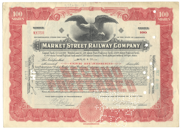 Vintage stock certificate for Market Street Railway Company fro 1925