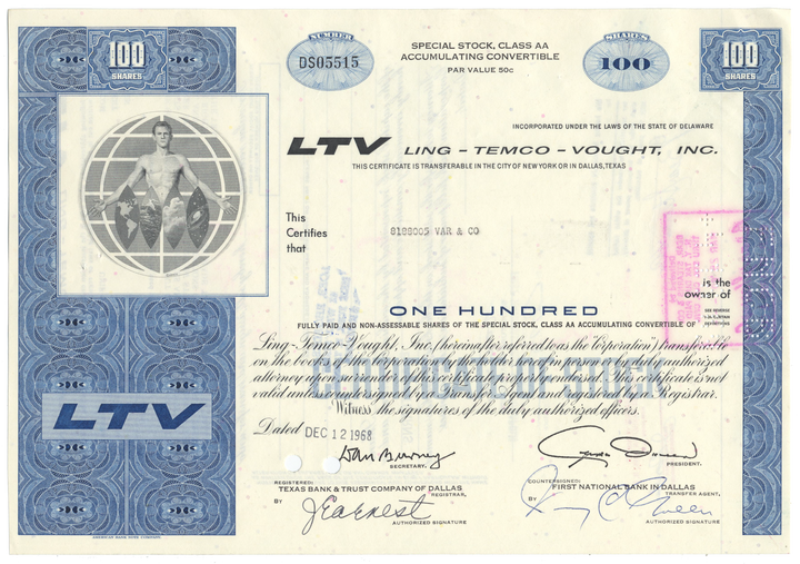 Ling-Temco-Vought, Inc. Stock Certificate