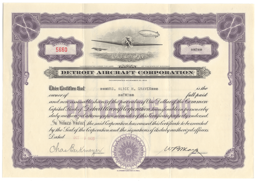 Certificate of the Detroit Aircraft Corporation with airplane illustration and text.