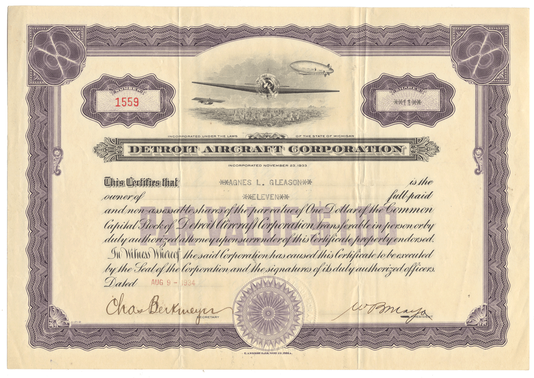 Detroit Aircraft Corporation stock certificate with airplane illustration