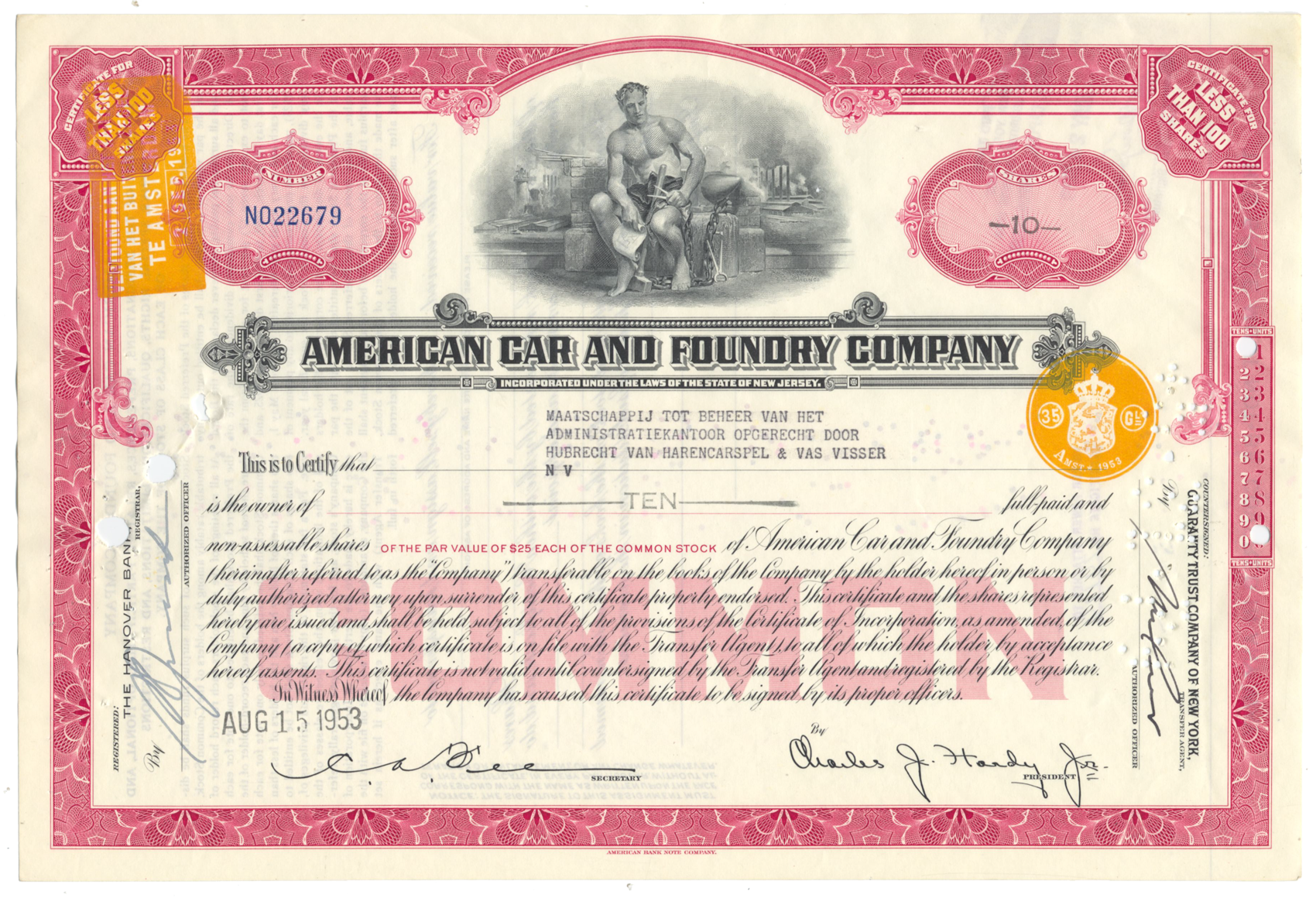 American Car and Foundry Company Stock Certificate