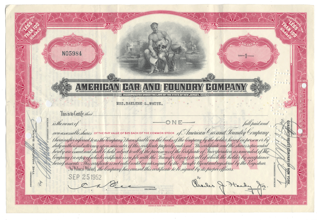 Vintage stock certificate of the American Car and Foundry Company with  central illustration.