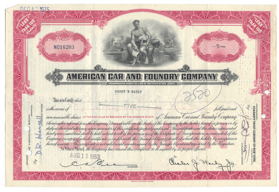 Vintage stock certificate of the American Car and Foundry Company with  central illustration.