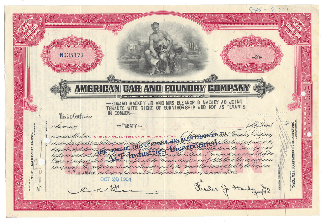 Vintage stock certificate from American Car and Foundry Company from 1954