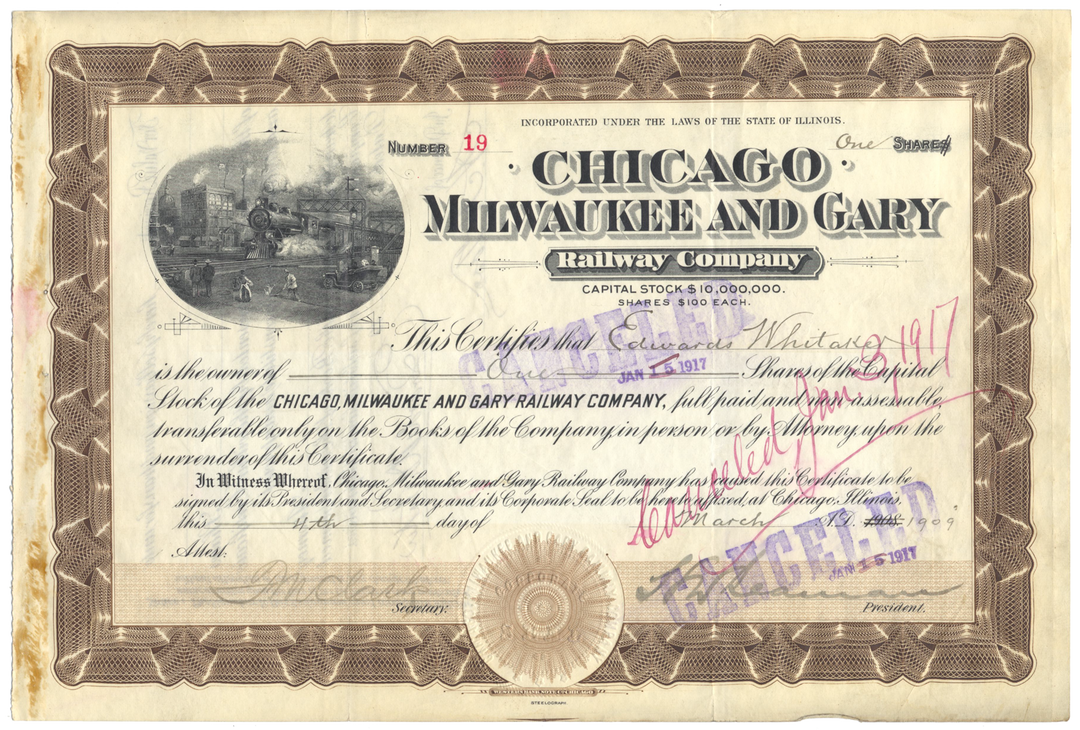 Chicago, Milwaukee and Gary Railway Company Stock Certificate