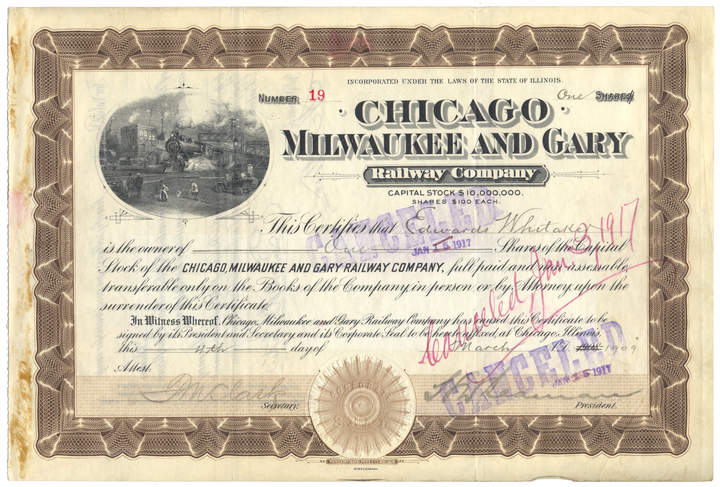 Chicago, Milwaukee and Gary Railway Company Stock Certificate