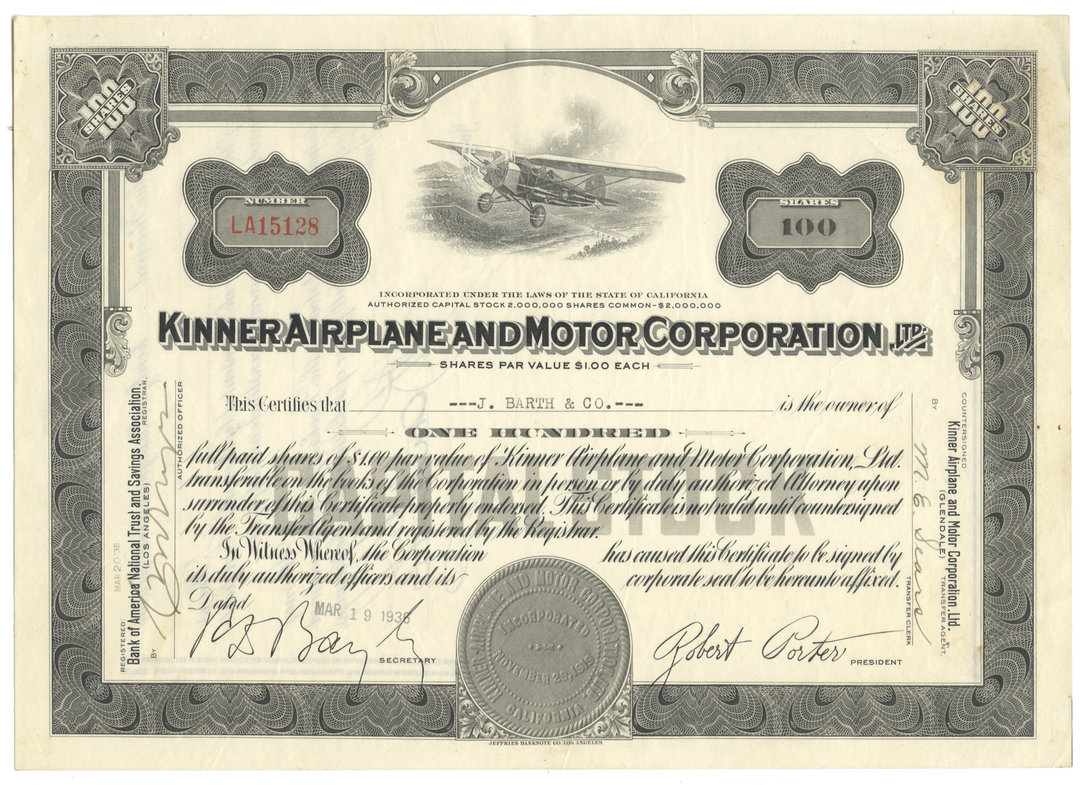 Stock certificate for Kinner Airplane and Motor Corporation with airplane illustration