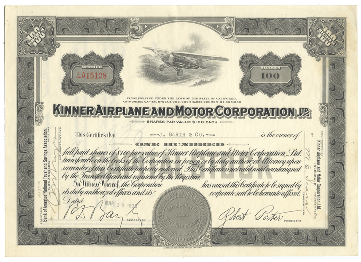Stock certificate for Kinner Airplane and Motor Corporation with airplane illustration