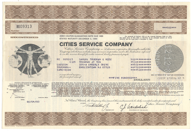 Cities Service Company Stock Certificate