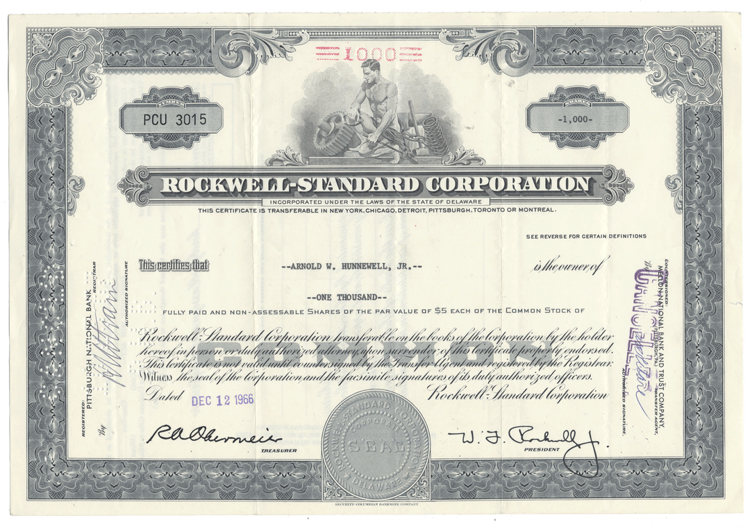Rockwell-Standard Corporation stock certificate with decorative border and text