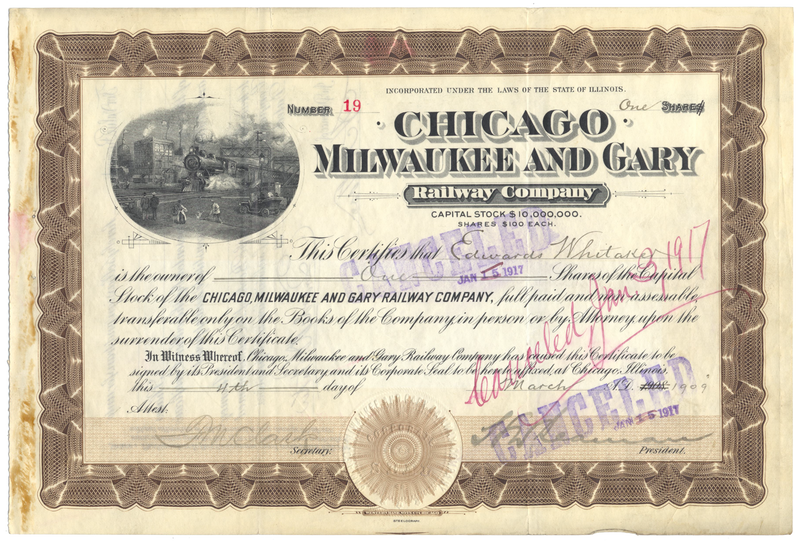 Chicago, Milwaukee and Gary Railway Company Stock Certificate