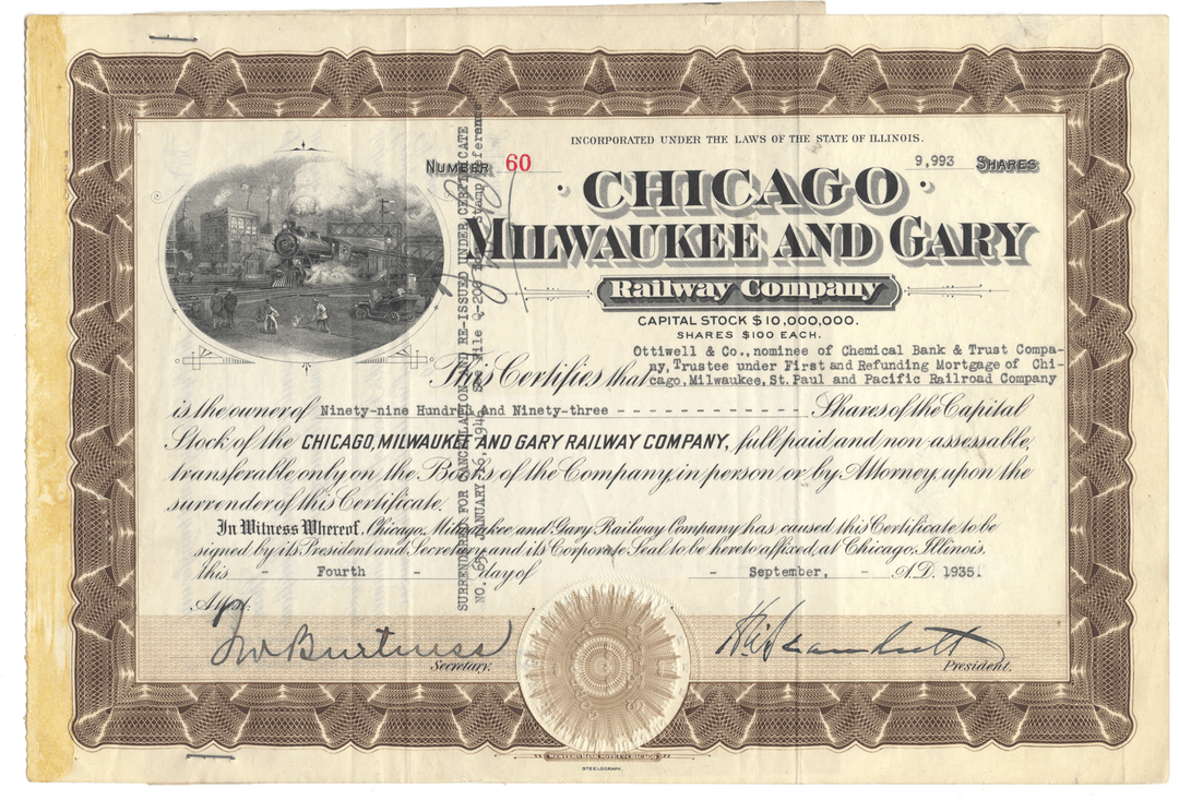 Historical stock certificate of the Chicago, Milwaukee, and Gary Railway Company with decorative border and text.
