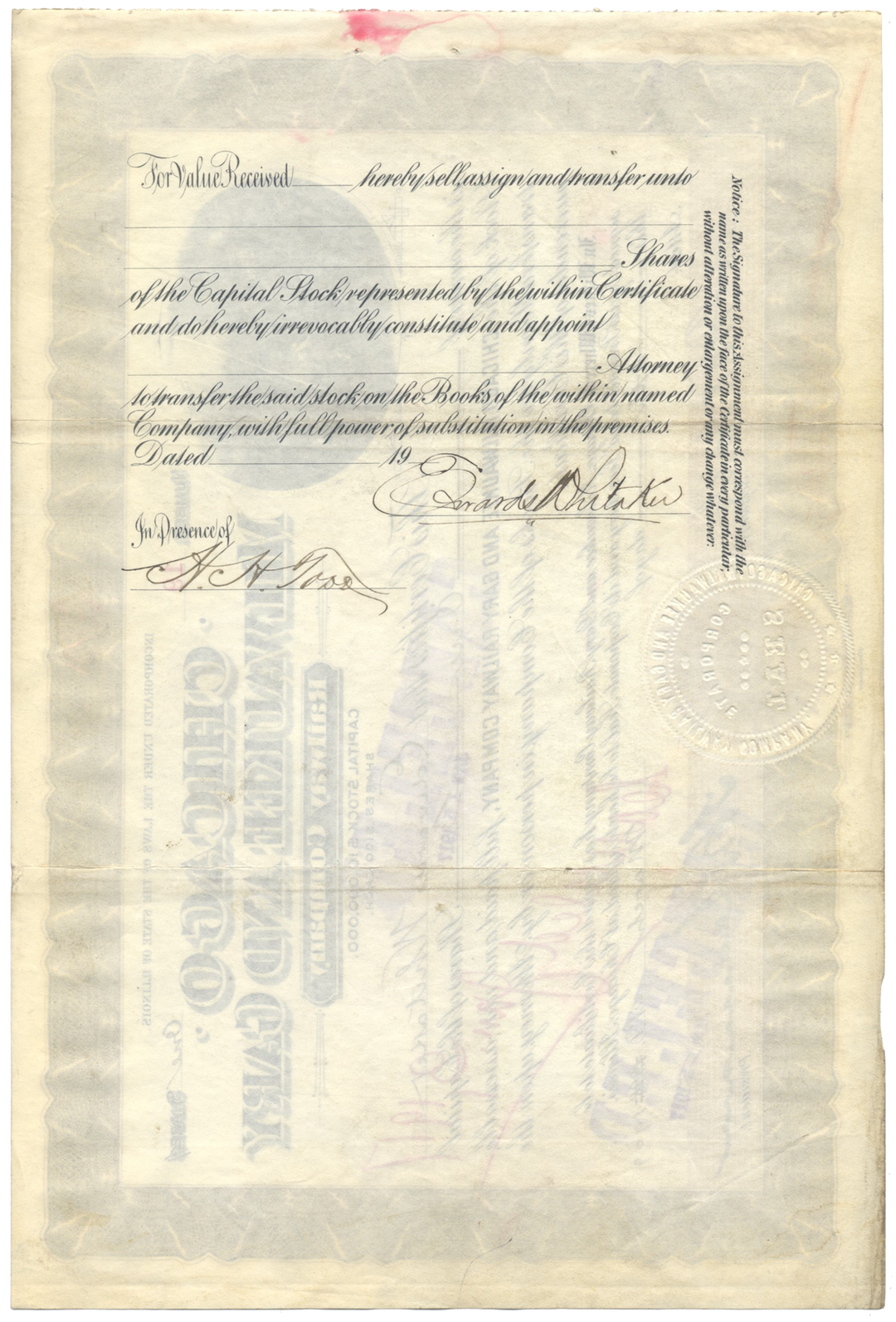 Chicago, Milwaukee and Gary Railway Company Stock Certificate