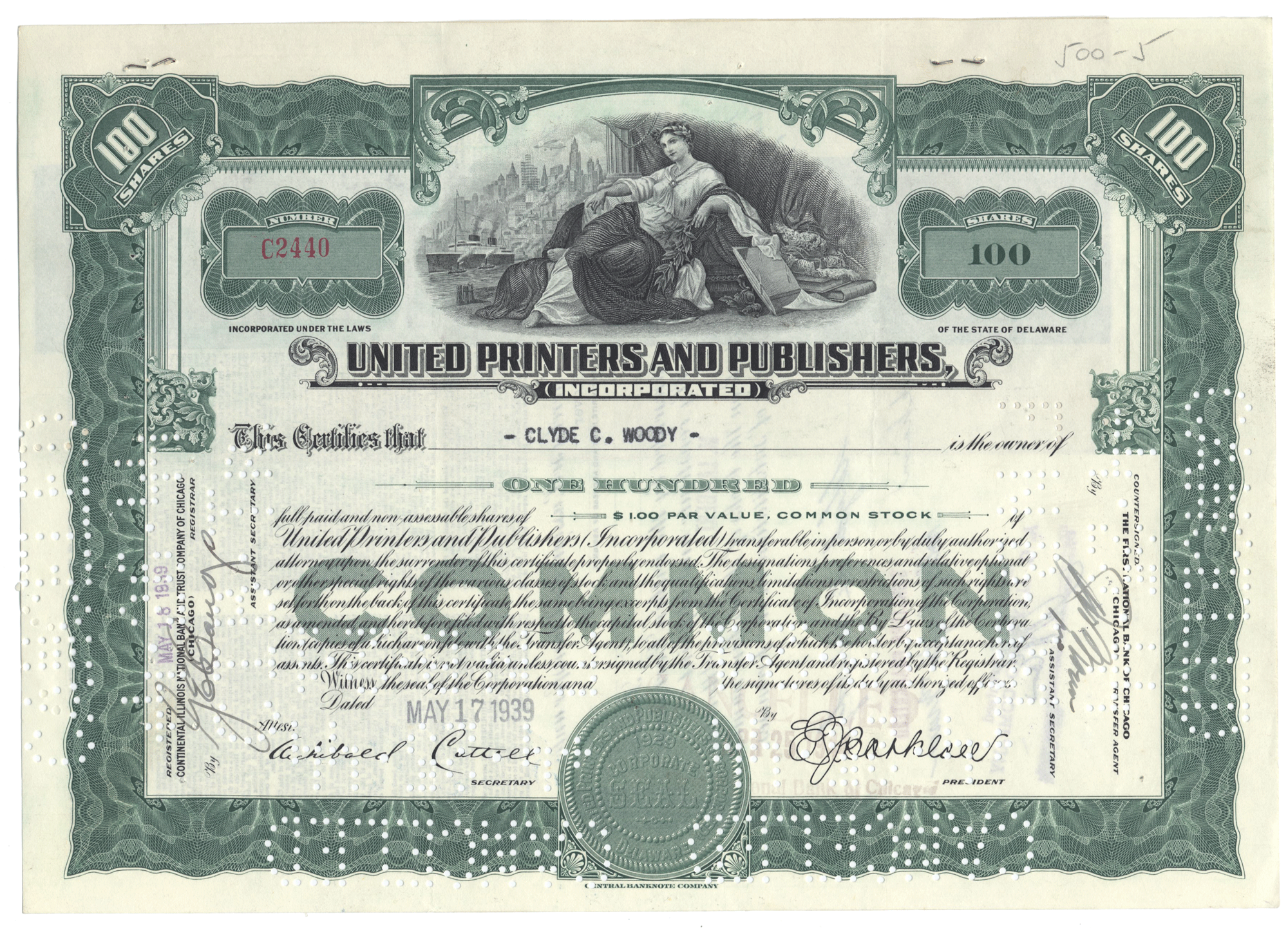 Vintage stock certificate from United Printers and Publishers, Inc.